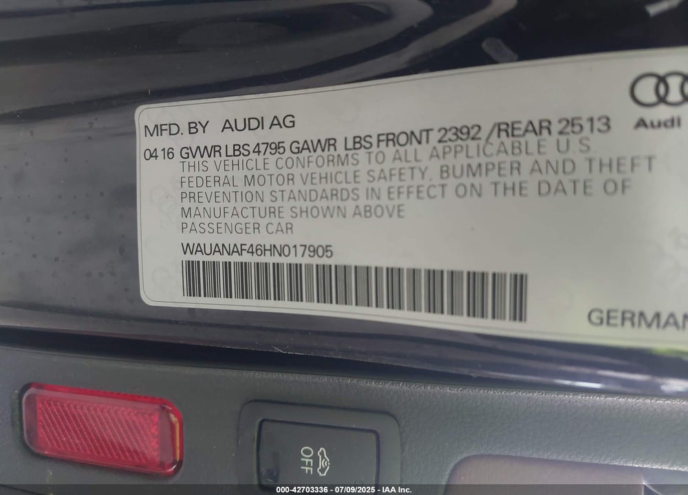 2017 AUDI A4 VIN: WAUANAF46HN017905