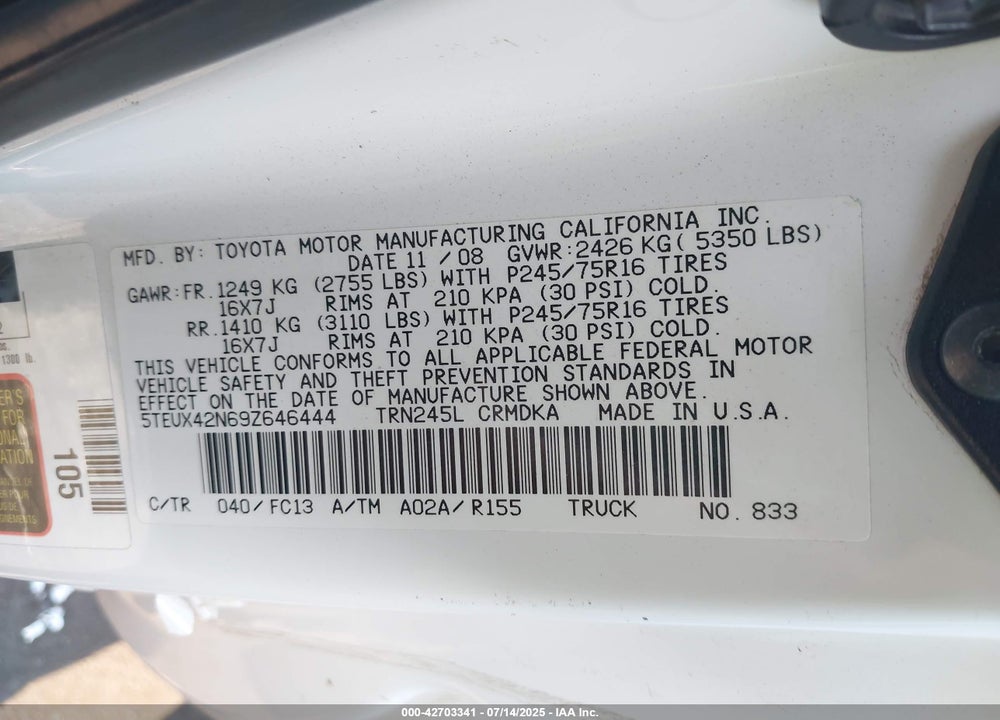 2009 TOYOTA TACOMA VIN: 5TEUX42N69Z646444
