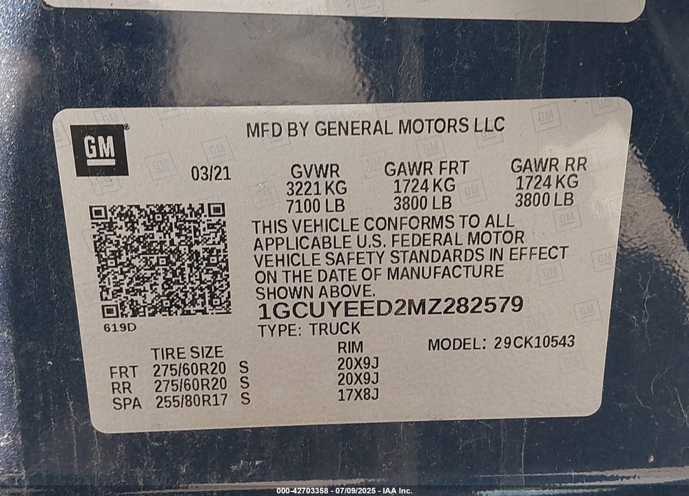 2021 CHEVROLET SILVERADO VIN: 1GCUYEED2MZ282579