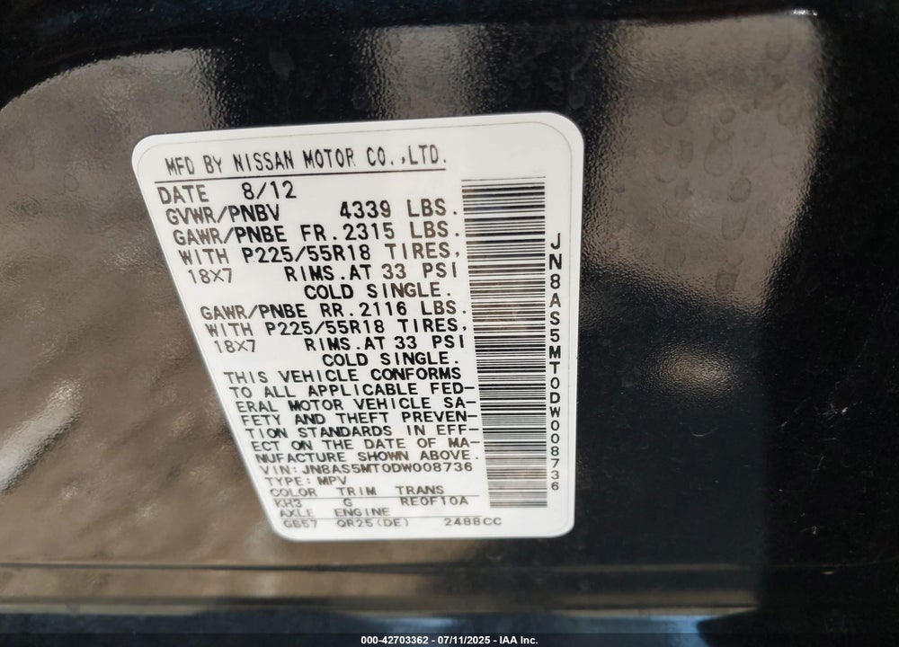 2013 NISSAN ROGUE SV W/SL PKG VIN: JN8AS5MT0DW008736