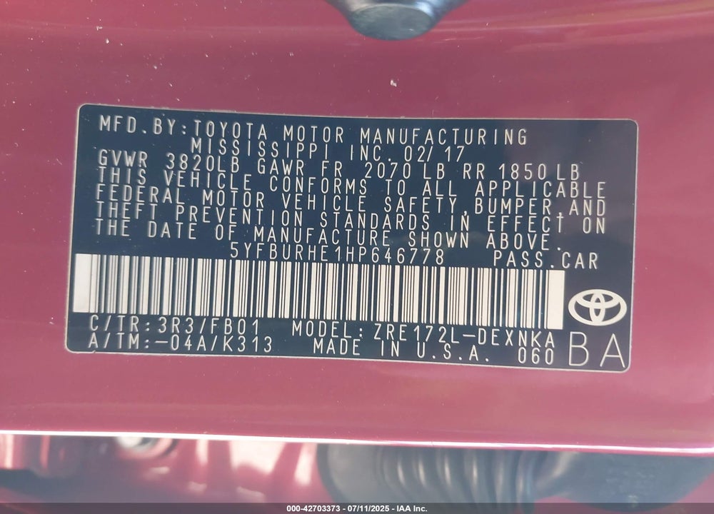 2017 TOYOTA COROLLA VIN: 5YFBURHE1HP646778