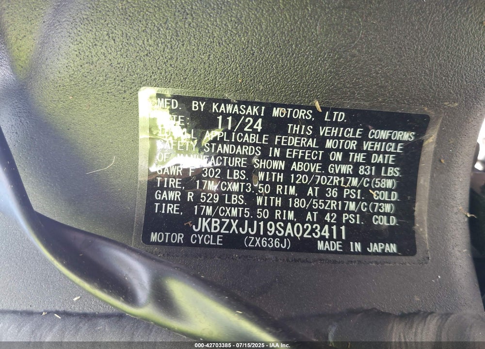 2025 KAWASAKI ZX636 VIN: JKBZXJJ19SA023411