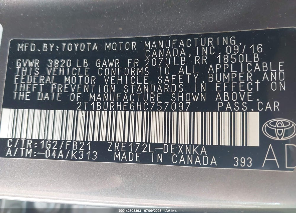2017 TOYOTA COROLLA VIN: 2T1BURHE6HC757097