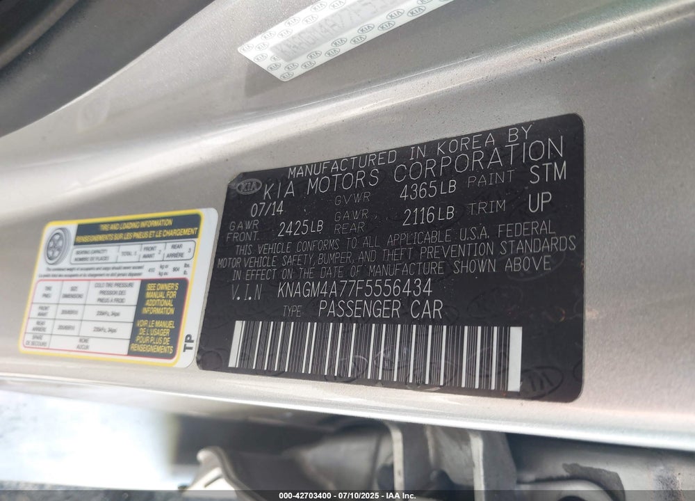 2015 KIA OPTIMA VIN: KNAGM4A77F5556434