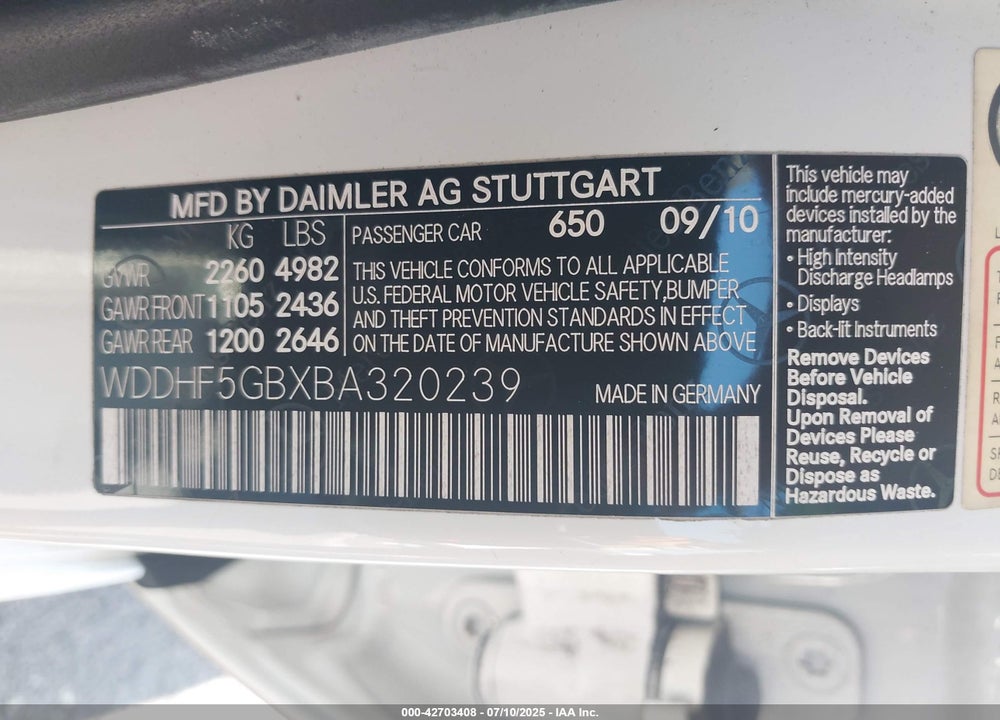 2011 MERCEDES-BENZ E 350 VIN: WDDHF5GBXBA320239