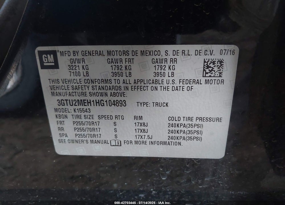 2017 GMC SIERRA 1500 VIN: 3GTU2MEH1HG104893