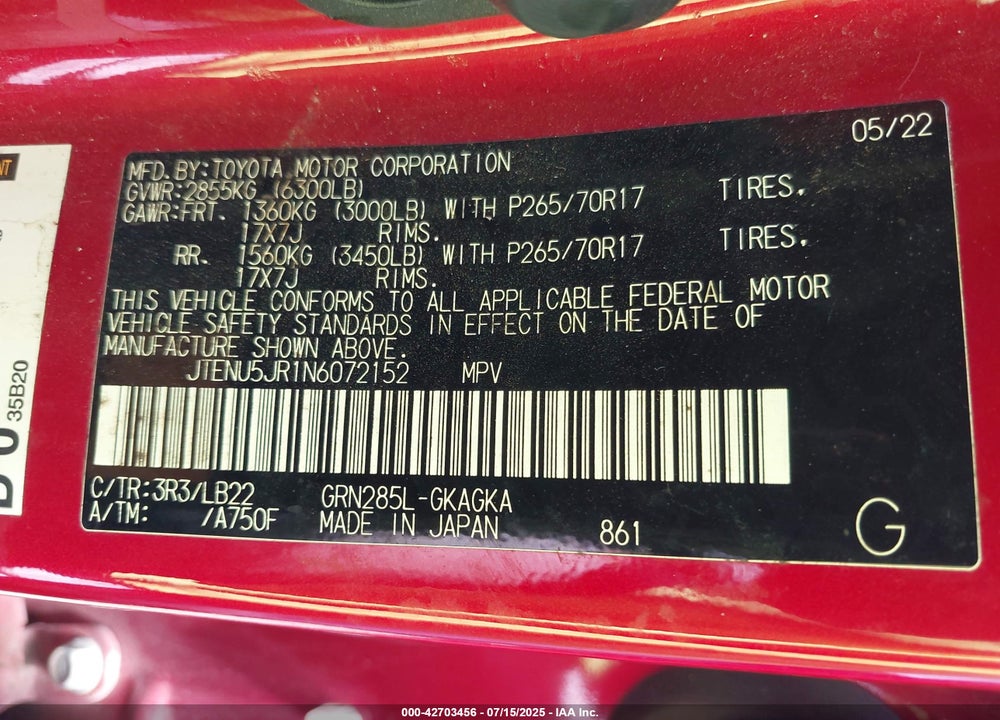 2022 TOYOTA 4RUNNER VIN: JTENU5JR1N6072152