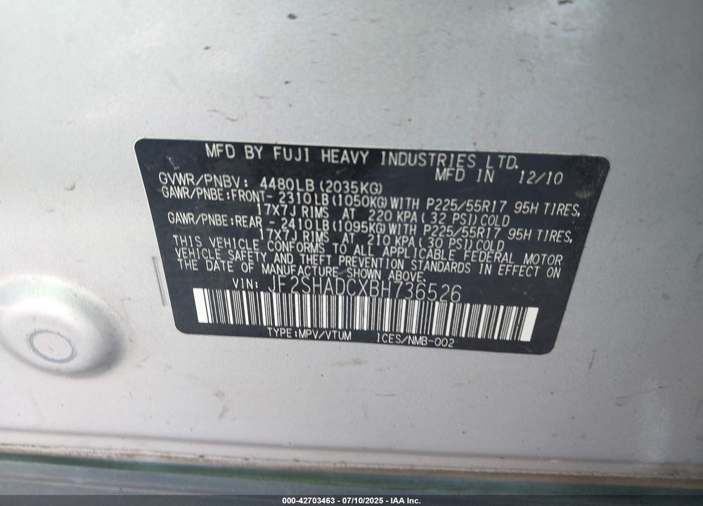 2011 SUBARU FORESTER VIN: JF2SHADCXBH736526