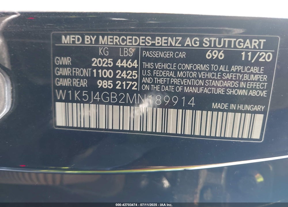 2021 MERCEDES-BENZ CLA 250 VIN: W1K5J4GB2MN189914