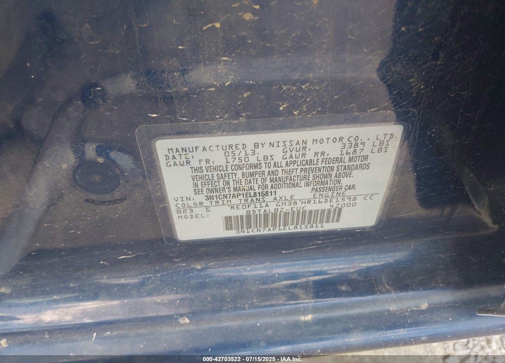 2014 NISSAN VERSA VIN: 3N1CN7AP1EL815811