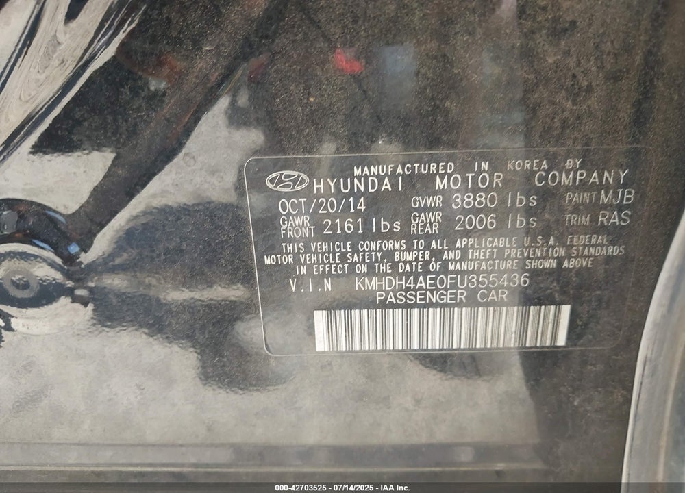 2015 HYUNDAI ELANTRA VIN: KMHDH4AE0FU355436