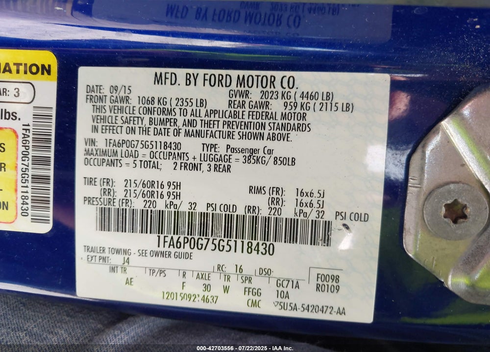 2016 FORD FUSION VIN: 1FA6P0G75G5118430
