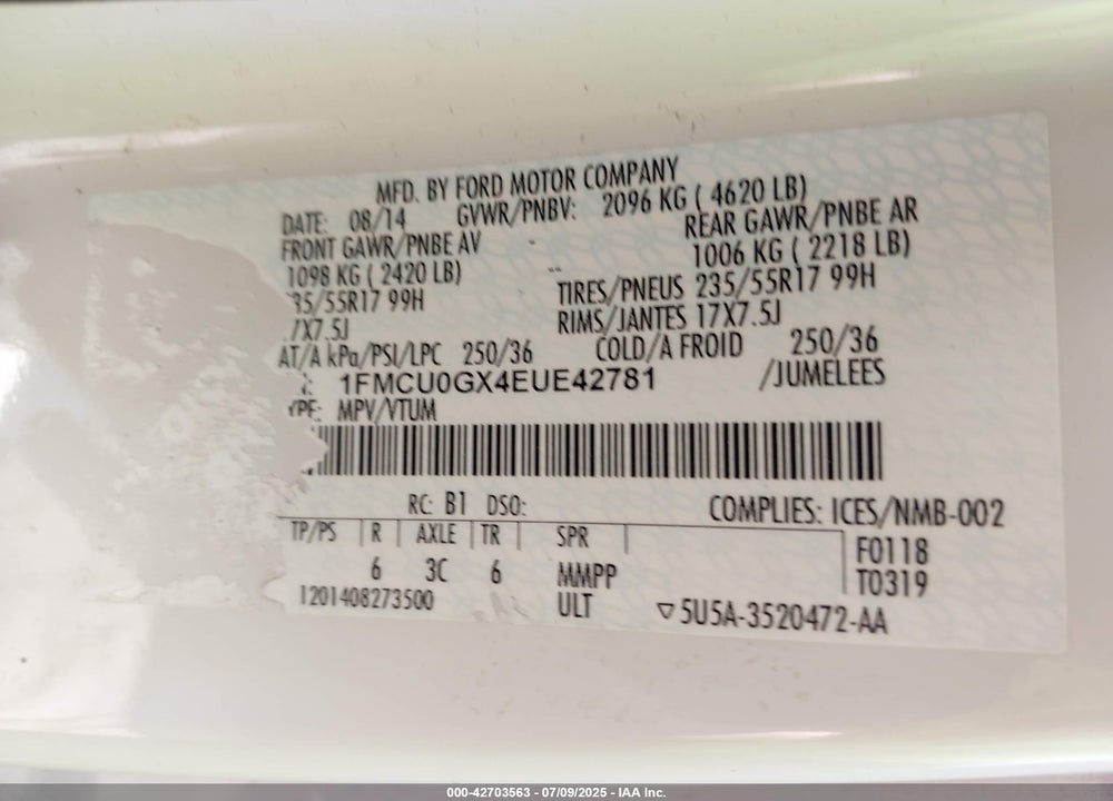 2014 FORD ESCAPE VIN: 1FMCU0GX4EUE42781