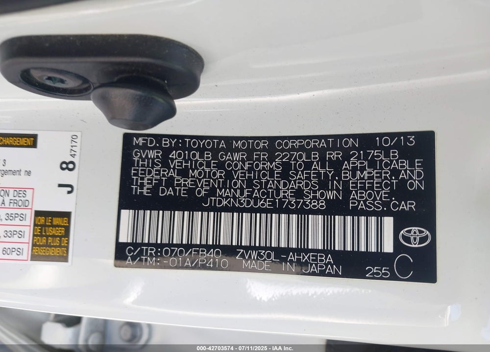 2014 TOYOTA PRIUS VIN: JTDKN3DU6E1737388
