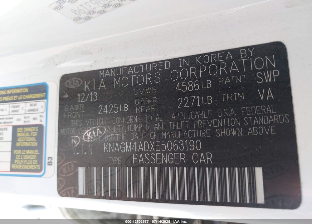2014 KIA OPTIMA HYBRID LX VIN: KNAGM4ADXE5063190