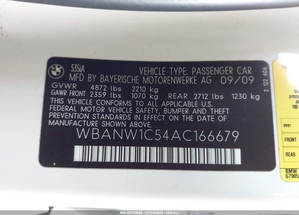 2010 BMW 5 SERIES VIN: WBANW1C54AC166679