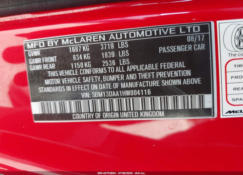 2017 MCLAREN 570S VIN: SBM13DAA1HW004116