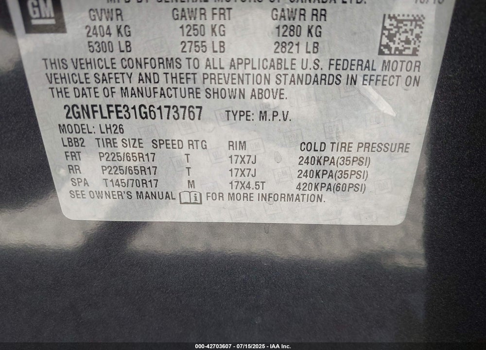 2016 CHEVROLET EQUINOX VIN: 2GNFLFE31G6173767