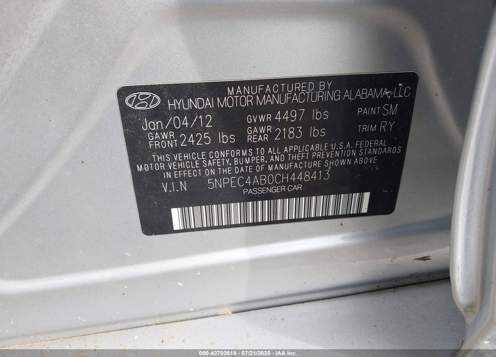 2012 HYUNDAI SONATA VIN: 5NPEC4AB0CH448413