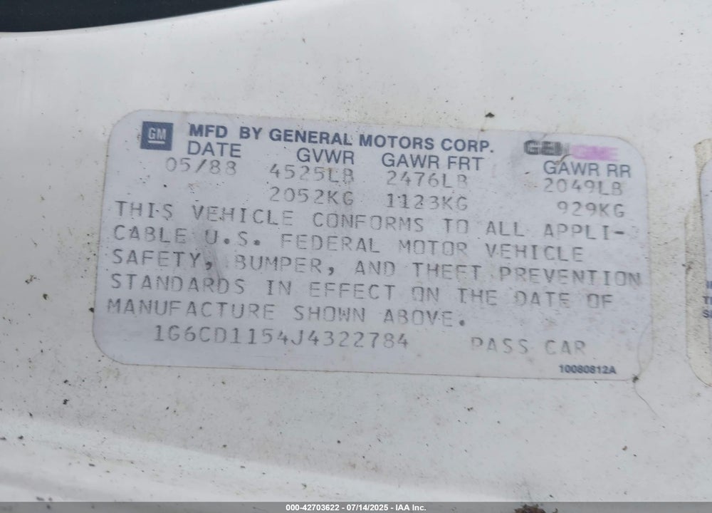 1988 CADILLAC DEVILLE VIN: 1G6CD1154J4322784