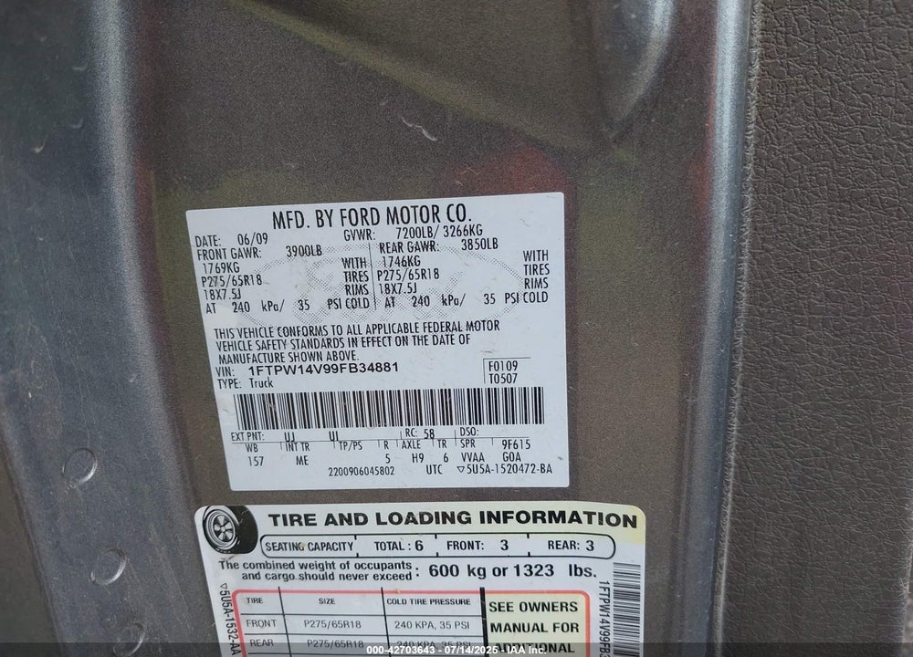 2009 FORD F-150 VIN: 1FTPW14V99FB34881
