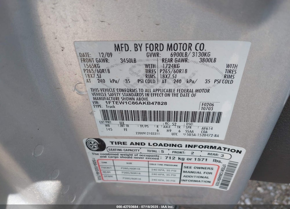 2010 FORD F-150 VIN: 1FTEW1C86AKB47828