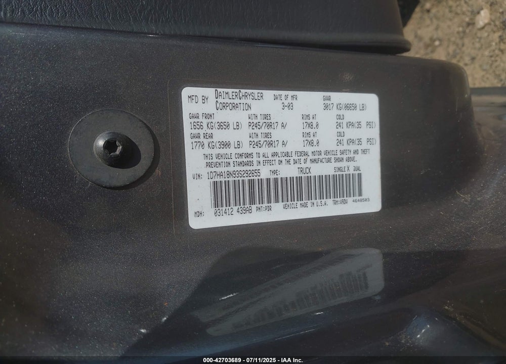 2003 DODGE RAM 1500 SLT/LARAMIE/ST VIN: 1D7HA18N93S292655