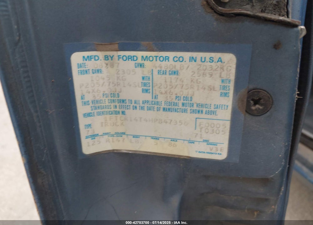 1987 FORD RANGER SUPER CAB VIN: 1FTCR14T4HPB47356