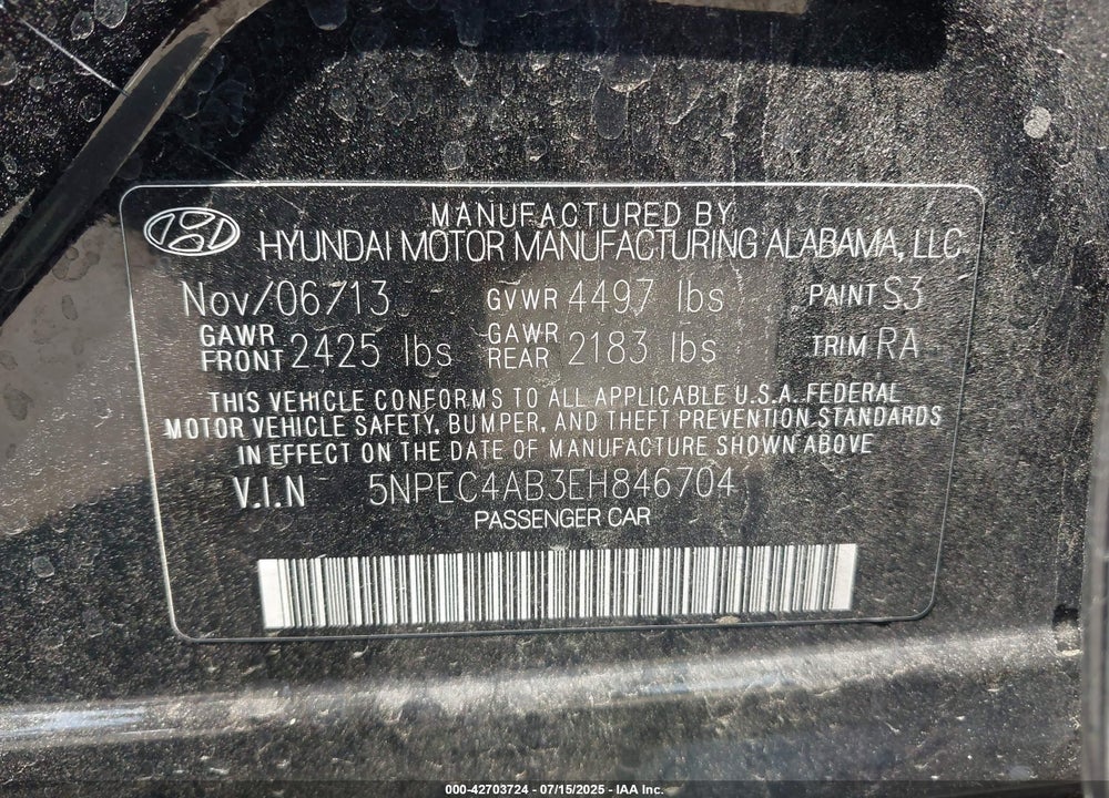 2014 HYUNDAI SONATA VIN: 5NPEC4AB3EH846704