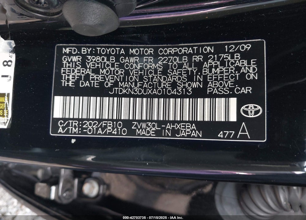 2010 TOYOTA PRIUS II VIN: JTDKN3DUXA0104313