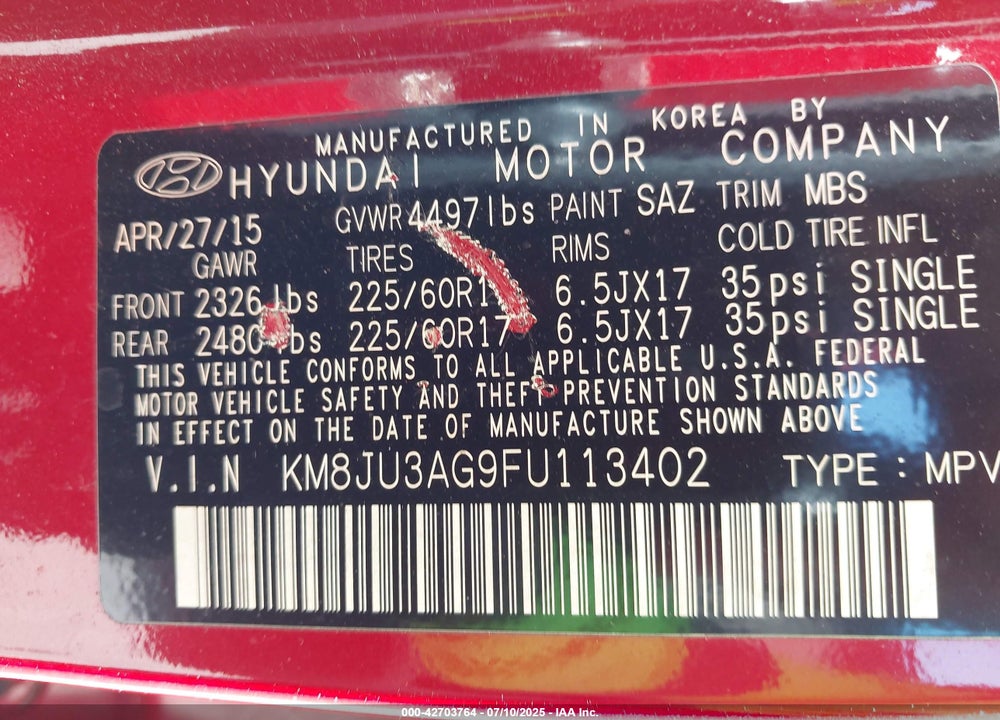 2015 HYUNDAI TUCSON VIN: KM8JU3AG9FU113402