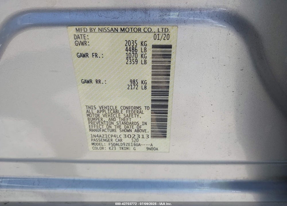 2020 NISSAN LEAF VIN: 1N4AZ1CP4LC302313