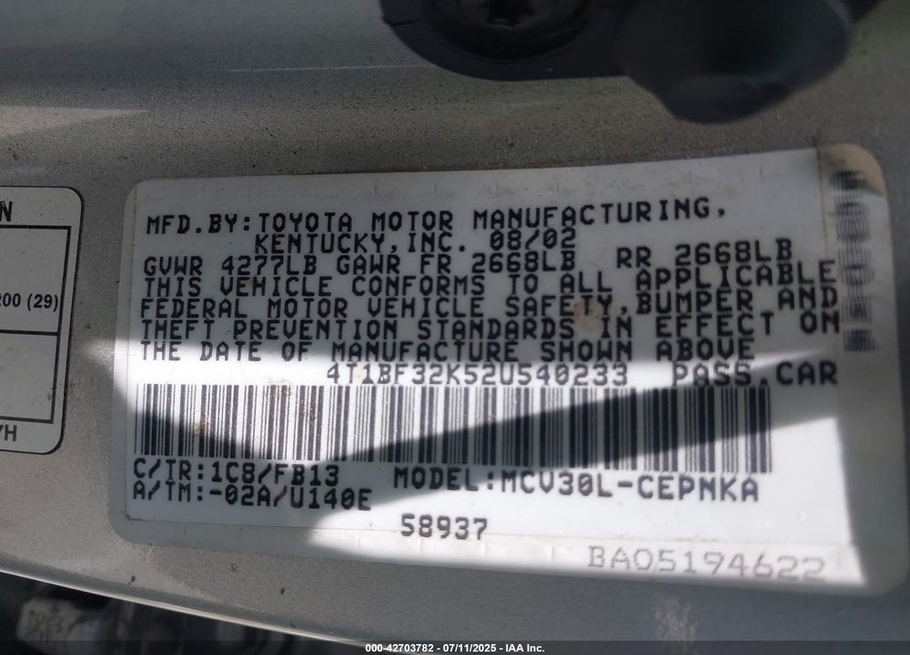 2002 TOYOTA CAMRY LE V6 VIN: 4T1BF32K52U540233