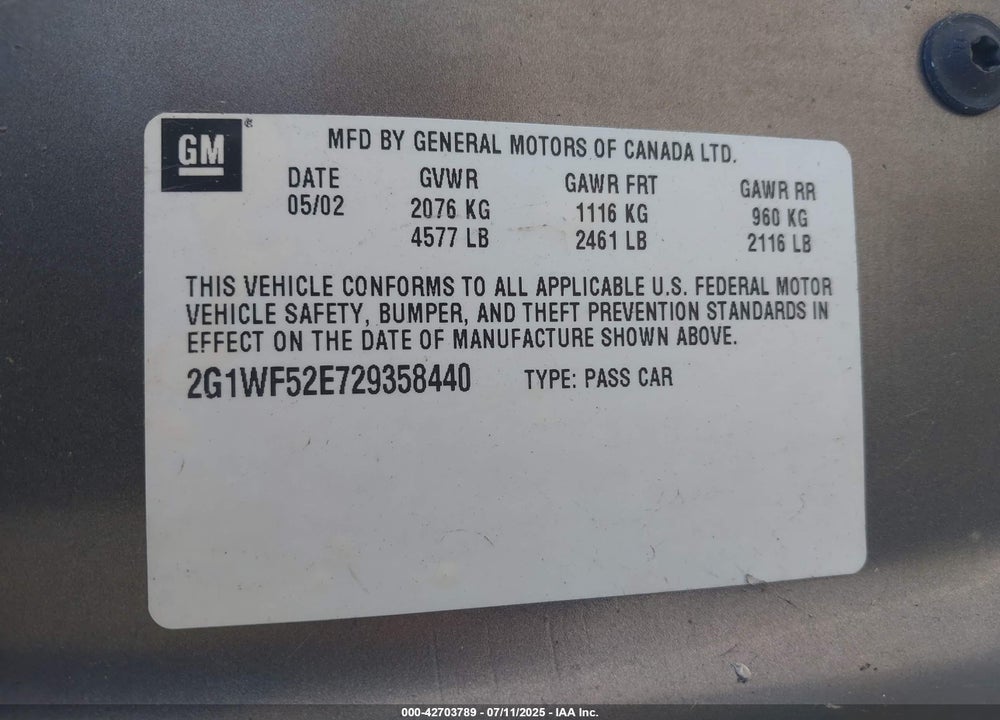 2002 CHEVROLET IMPALA VIN: 2G1WF52E729358440