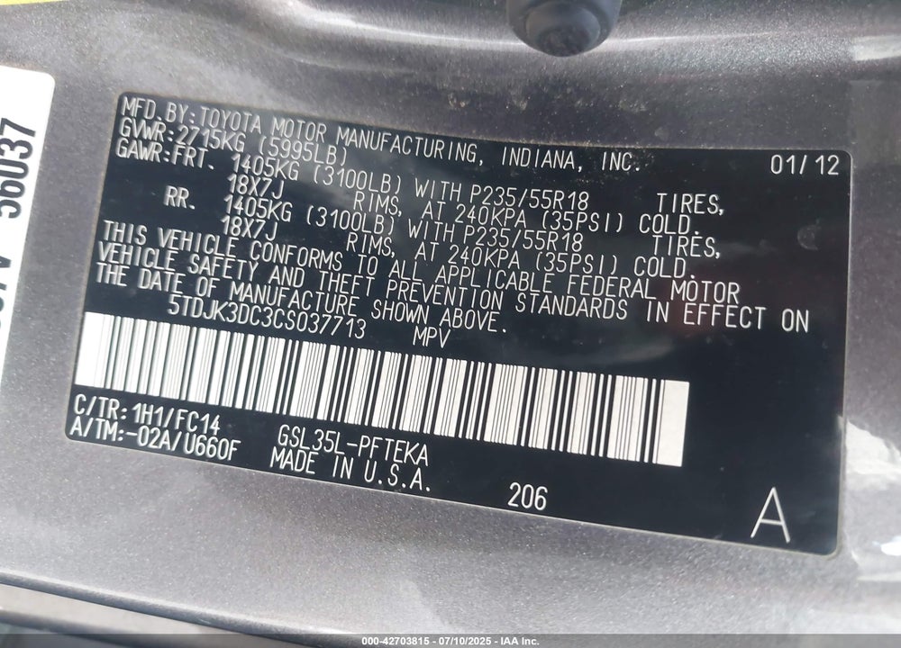 2012 TOYOTA SIENNA LE 7 PASSENGER VIN: 5TDJK3DC3CS037713