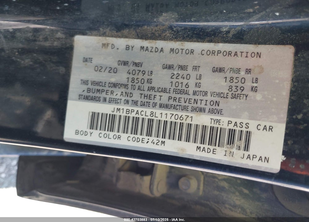 2020 MAZDA 3 SELECT PACKAGE VIN: JM1BPACL8L1170671