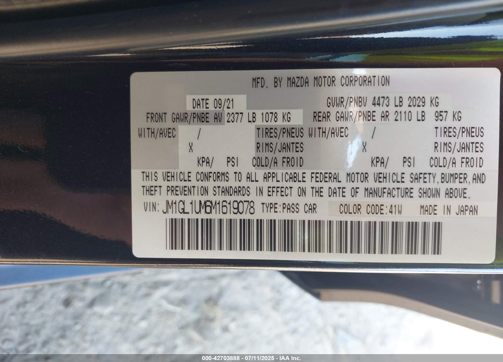 2021 MAZDA 6 VIN: JM1GL1UM6M1619078