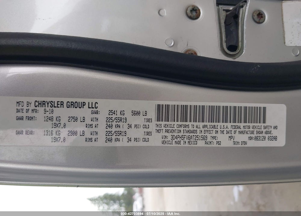 2010 DODGE JOURNEY VIN: 3D4PH5FV6AT251569
