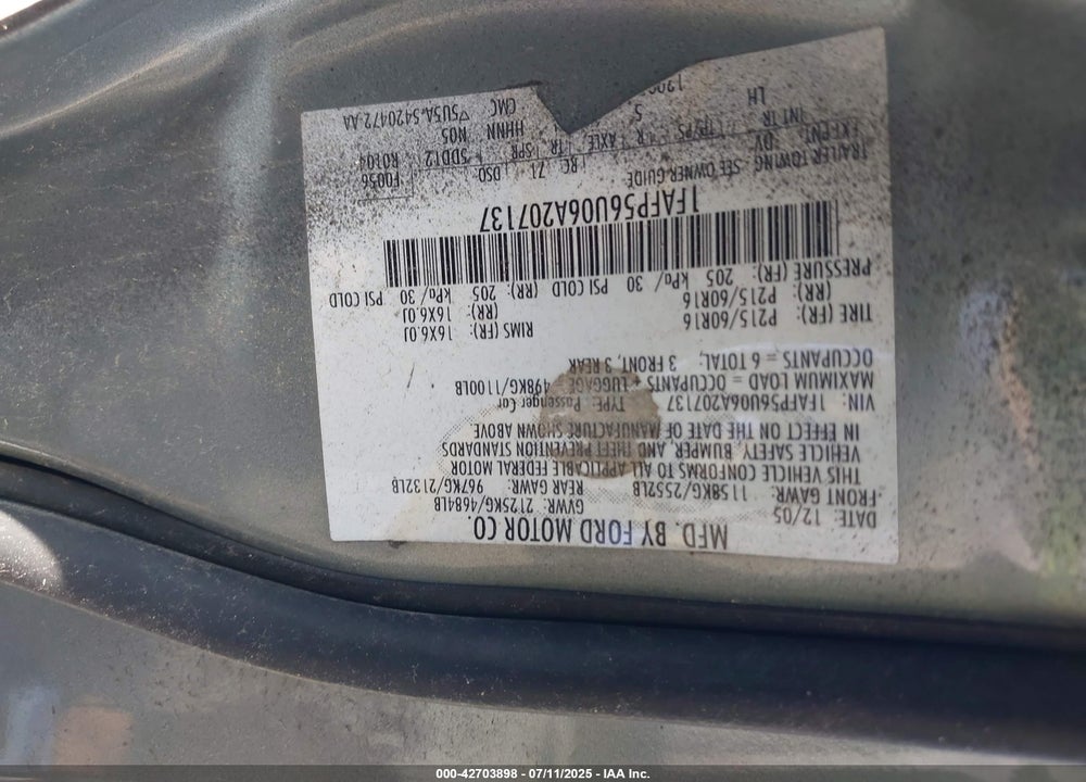 2006 FORD TAURUS VIN: 1FAFP56U06A207137