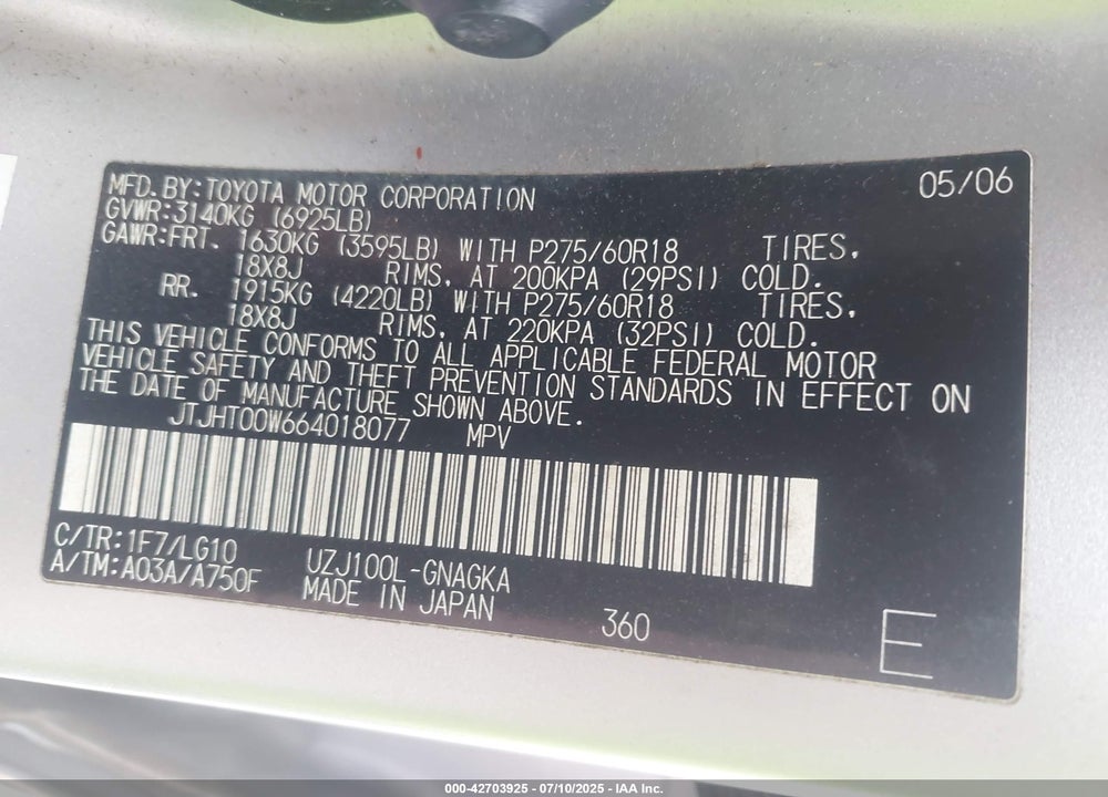 2006 LEXUS LX 470 VIN: JTJHT00W664018077