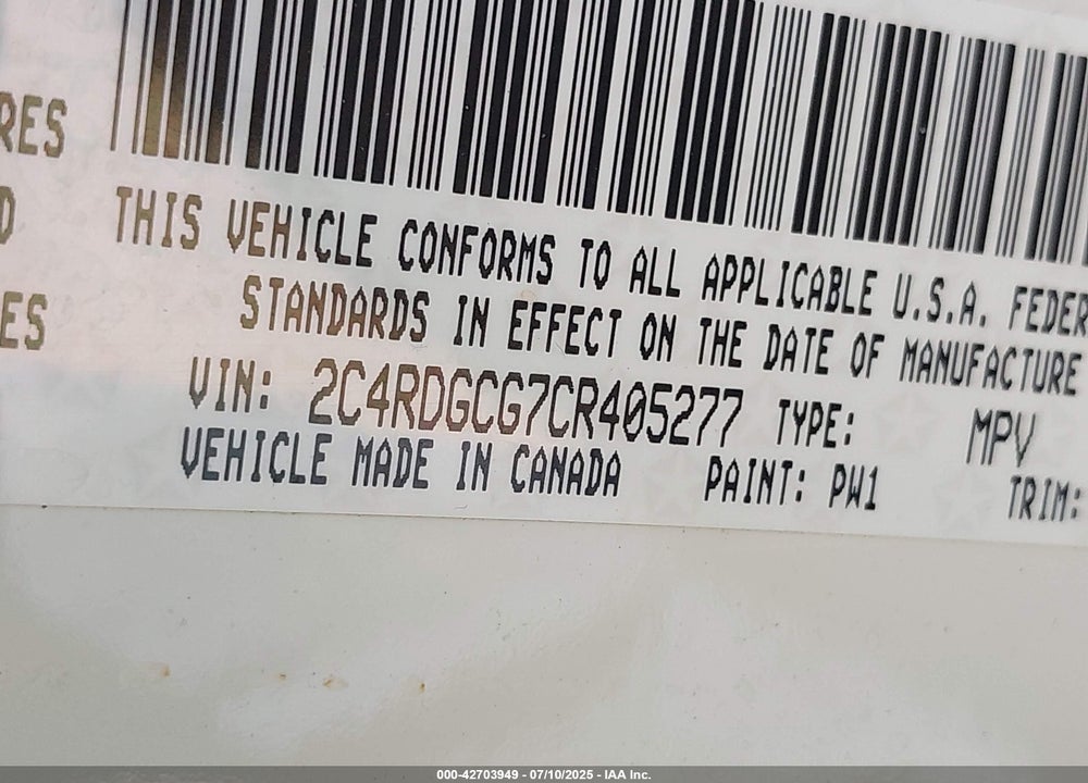 2012 DODGE GRAND CARAVAN SXT VIN: 2C4RDGCG7CR405277