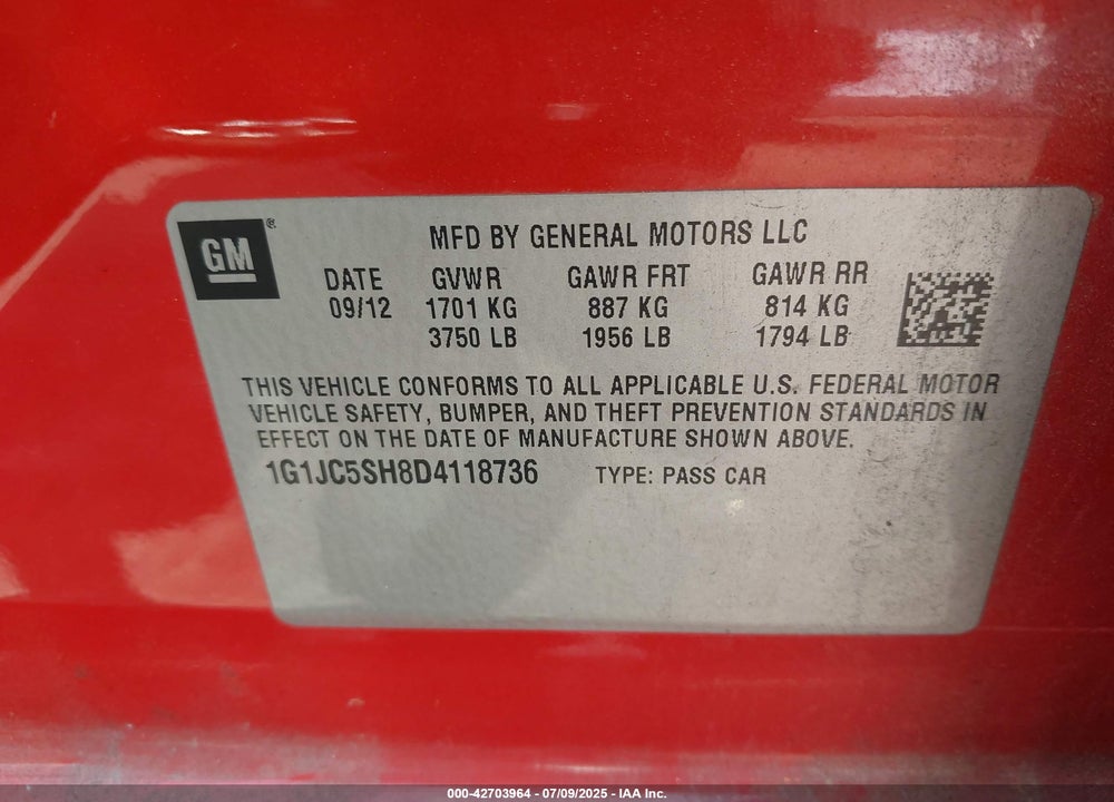 2013 CHEVROLET SONIC VIN: 1G1JC5SH8D4118736