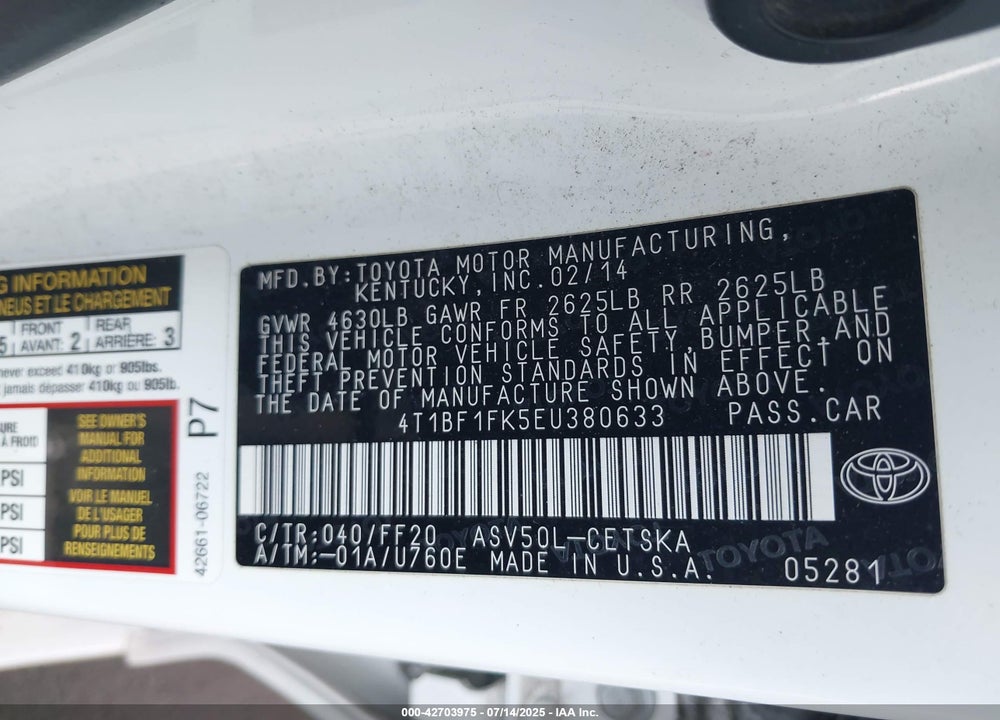 2014 TOYOTA CAMRY VIN: 4T1BF1FK5EU380633