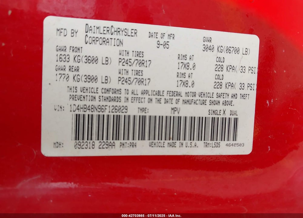 2006 DODGE DURANGO SLT VIN: 1D4HB48N96F126029