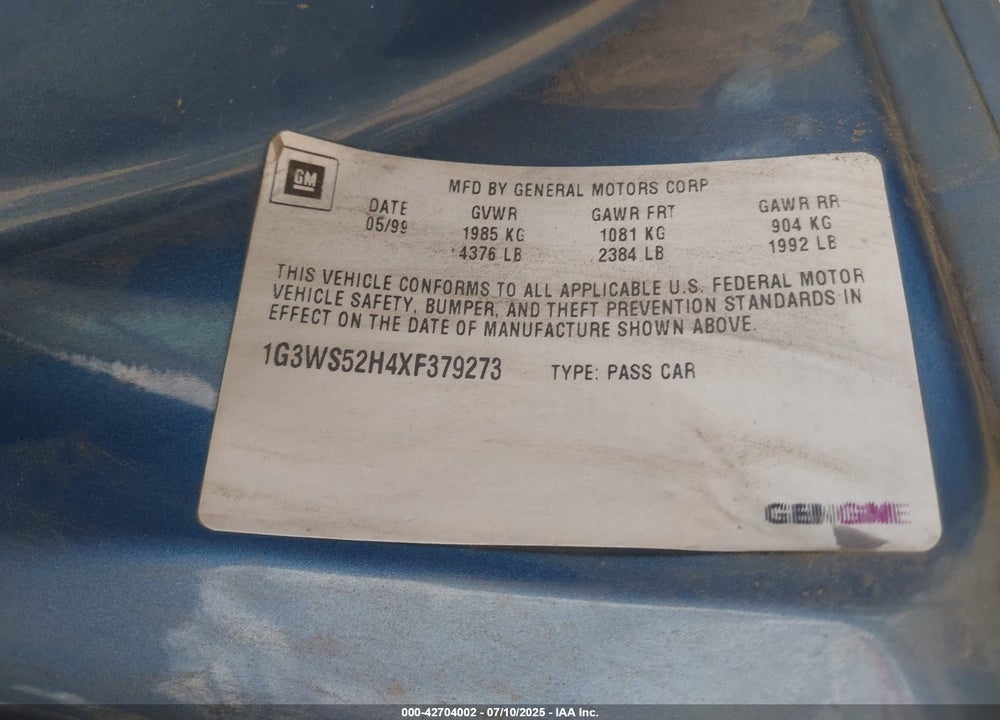 1999 OLDSMOBILE INTRIGUE GL VIN: 1G3WS52H4XF379273