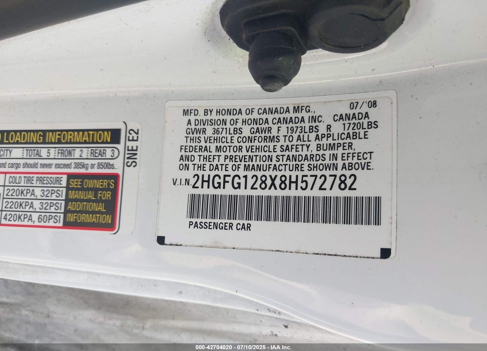 2008 HONDA CIVIC VIN: 2HGFG128X8H572782