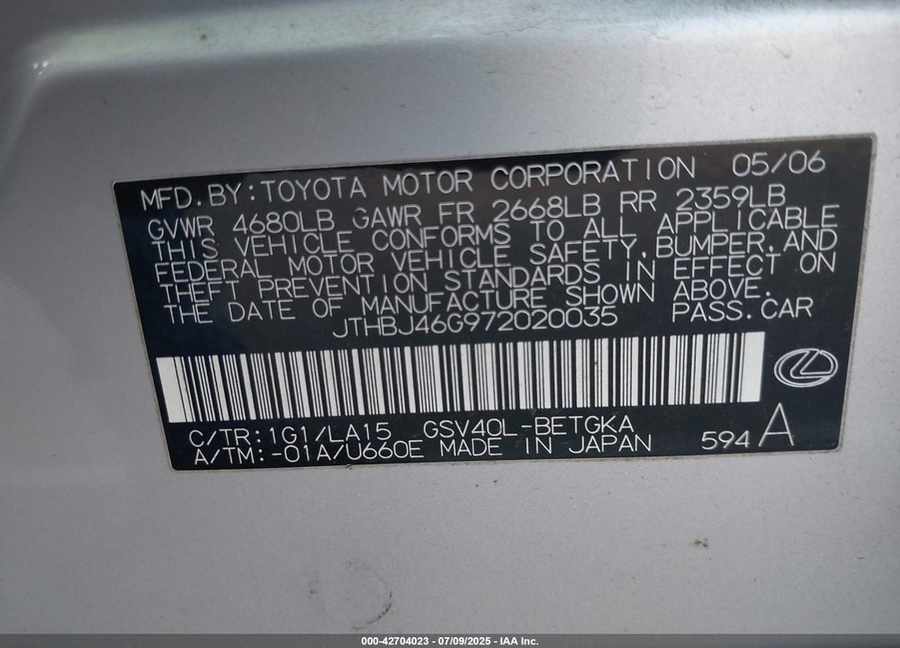 2007 LEXUS ES 350 VIN: JTHBJ46G972020035