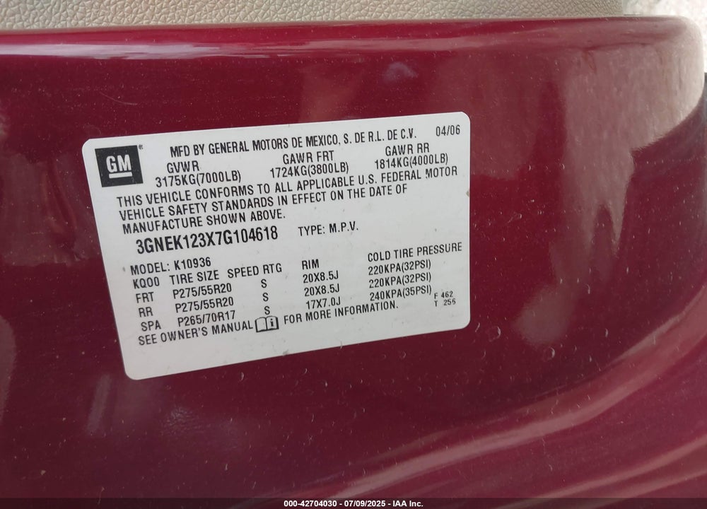 2007 CHEVROLET AVALANCHE VIN: 3GNEK123X7G104618