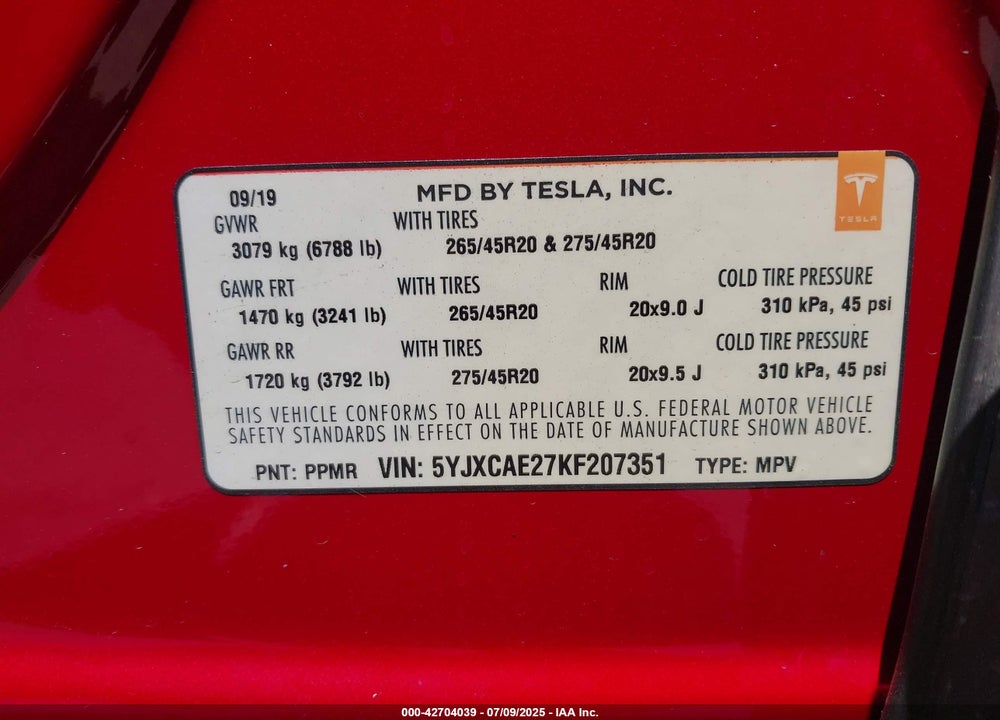 2019 TESLA MODEL X VIN: 5YJXCAE27KF207351