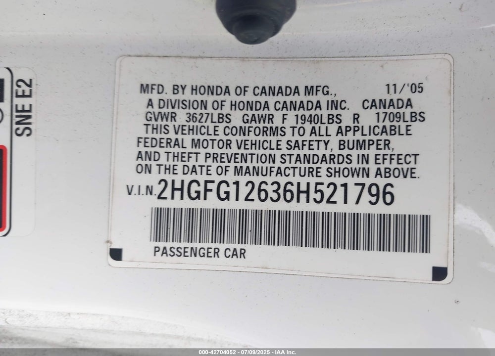 2006 HONDA CIVIC LX VIN: 2HGFG12636H521796